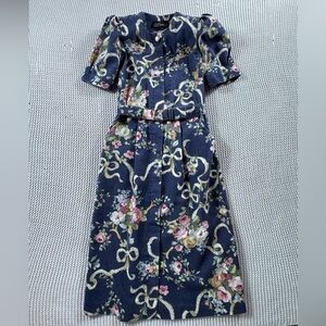 Vtg 80s Damon II ILGWU Floral Bow Print Belted Midi Dress Sz 8 Cottagecore USA